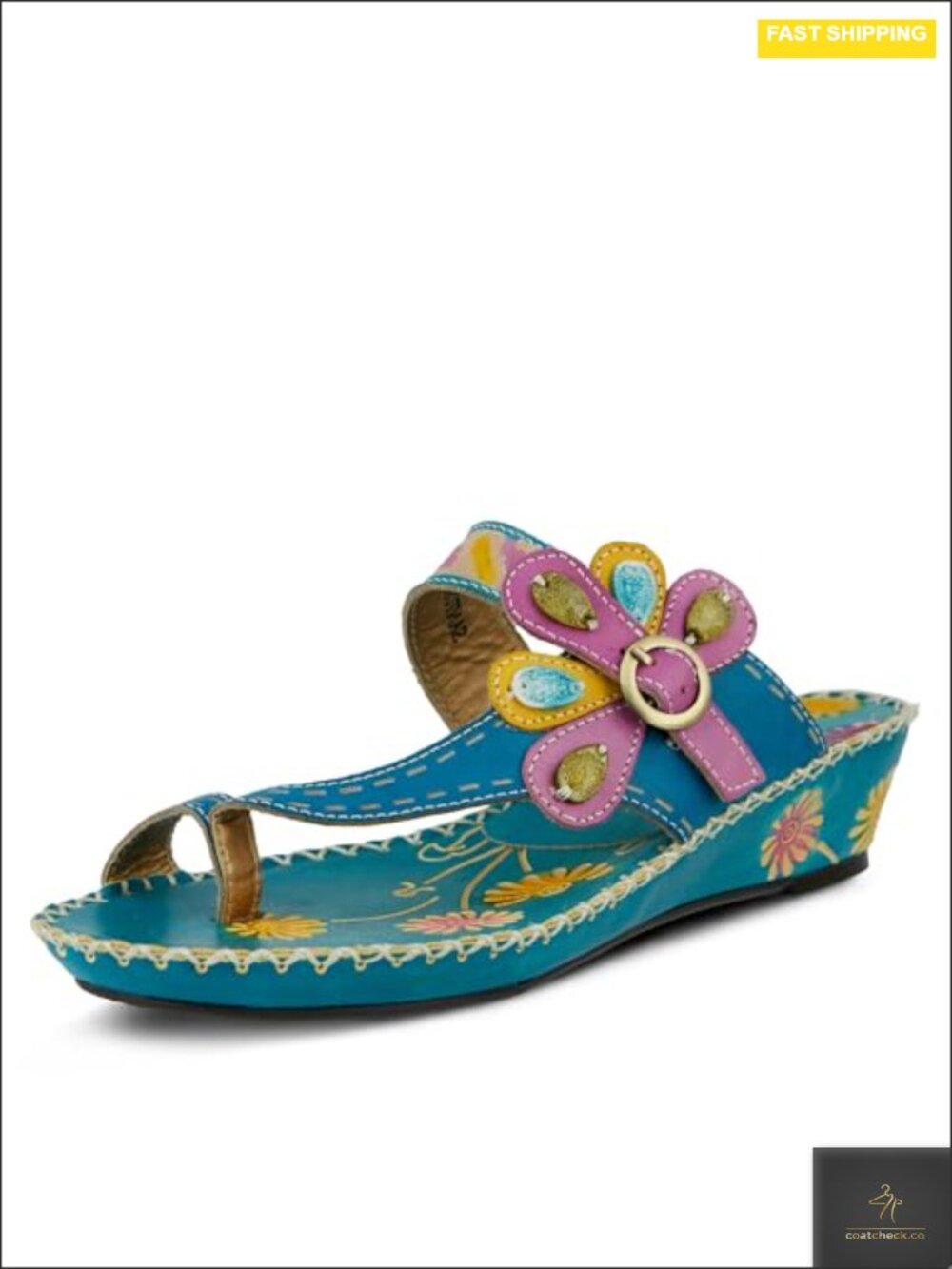 Hand Painted Leather Toe Ring Wedge Sandals with Adjustable Buckle